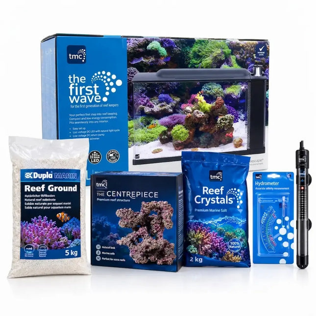 Kit acuario marino TMC First Wave 48 litros completo con arena, roca, sal, hidrómetro y termocalentador