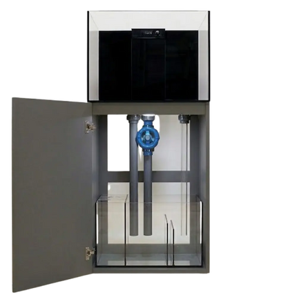 Acuario marino TMC Reef Habitats 60 PRO. Detalle del mueble de aluminio con tuberías y sump 