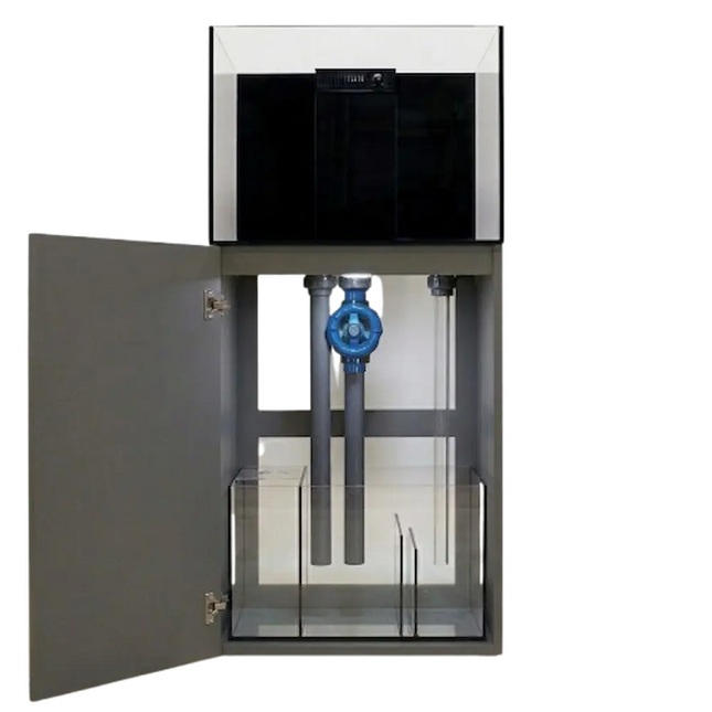 Acuario marino TMC Reef Habitats 60 PRO. Detalle del mueble de aluminio con tuberías y sump 