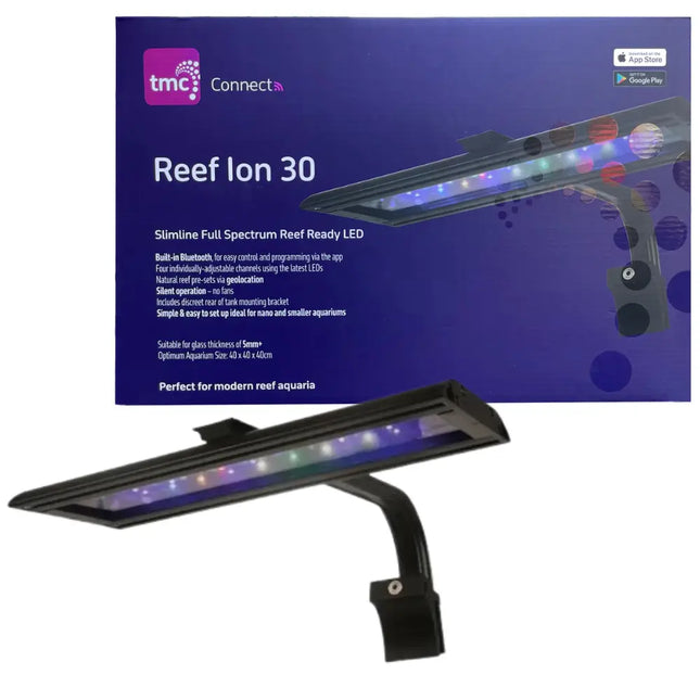 Pantalla TMC Reef Ion 30 LED de diseño compacto, con cuerpo negro y LEDs de espectro completo.