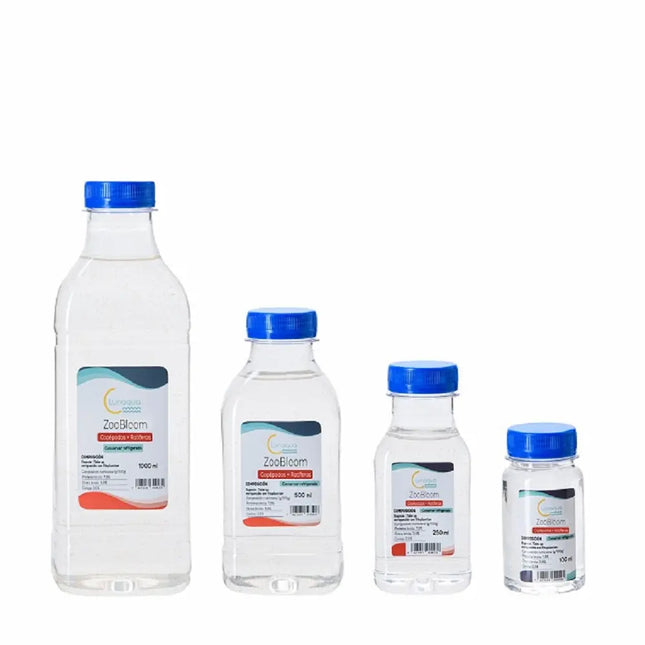 Botella Zoobloom con mezcla de copépodos Tisbe y rotíferos Brachionus para acuarios marinos.