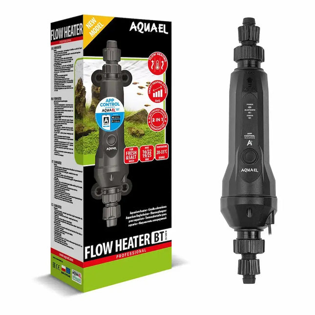 Calentador externo Aquael Flow Heater 2.0 montado en la manguera de un filtro de acuario.