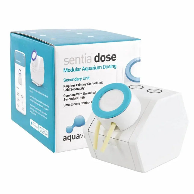 Módulo Aquavitro Sentia Dose Secondary Unit conectado a la unidad principal, mostrando su diseño modular y anillas codificadas por color.