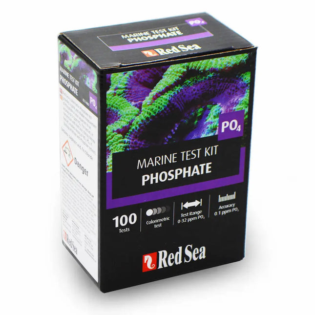 Kit Red Sea para medir fosfatos en acuarios marinos con reactivos y tubos de ensayo.

